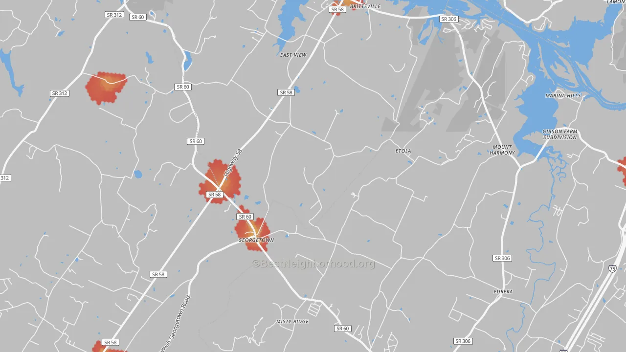 Walk Grade map of 37336, TN, walkable areas in green and car-dependent areas in red