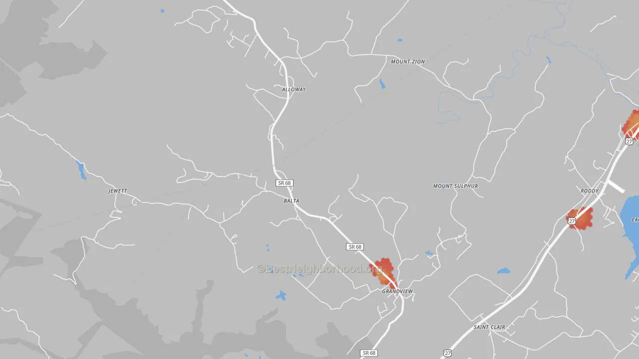 Walk Grade map of 37337, TN, walkable areas in green and car-dependent areas in red
