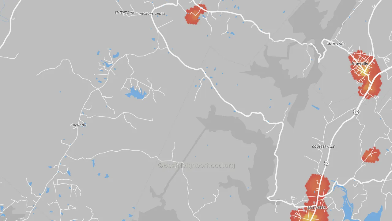 Walk Grade map of 37338, TN, walkable areas in green and car-dependent areas in red