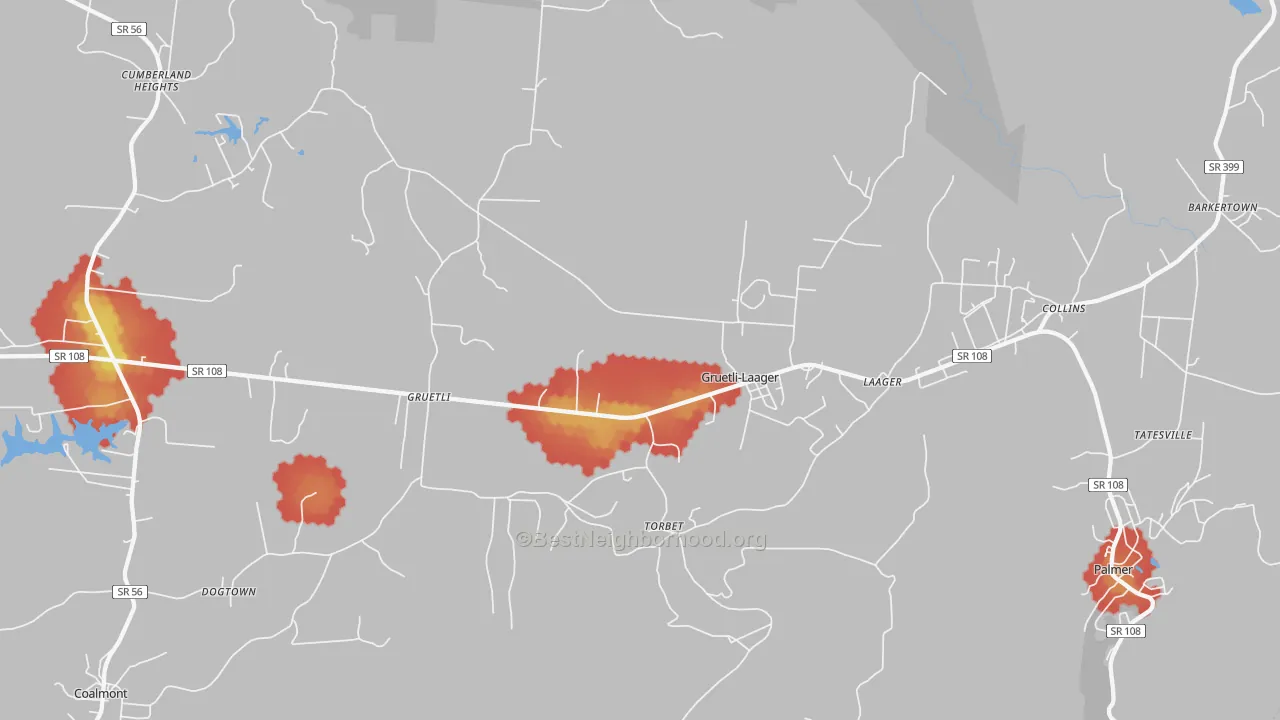 Walk Grade map of 37339, TN, walkable areas in green and car-dependent areas in red