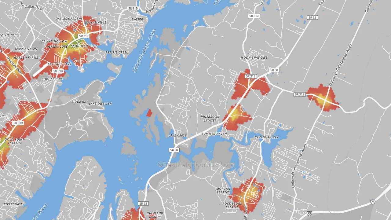 Walk Grade map of 37341, TN, walkable areas in green and car-dependent areas in red