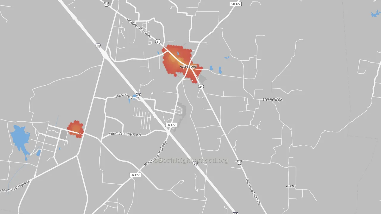 Walk Grade map of 37342, TN, walkable areas in green and car-dependent areas in red