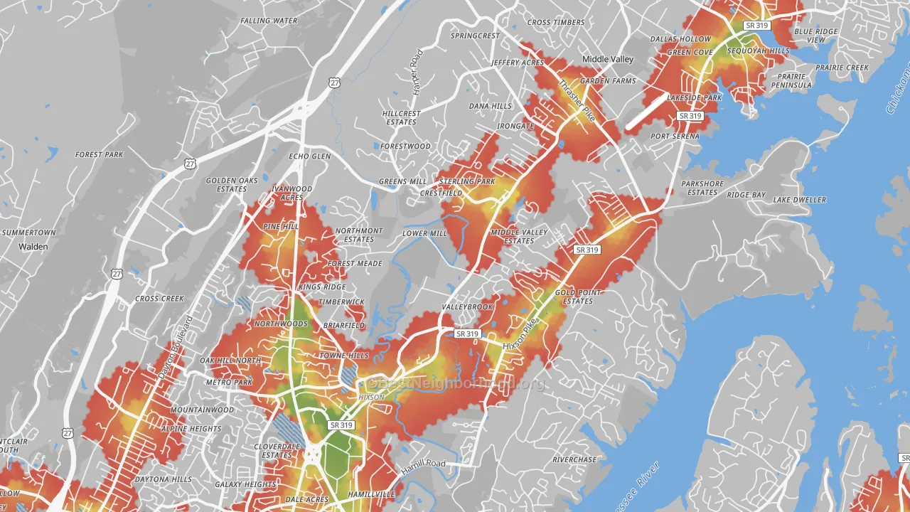 Walk Grade map of 37343, TN, walkable areas in green and car-dependent areas in red