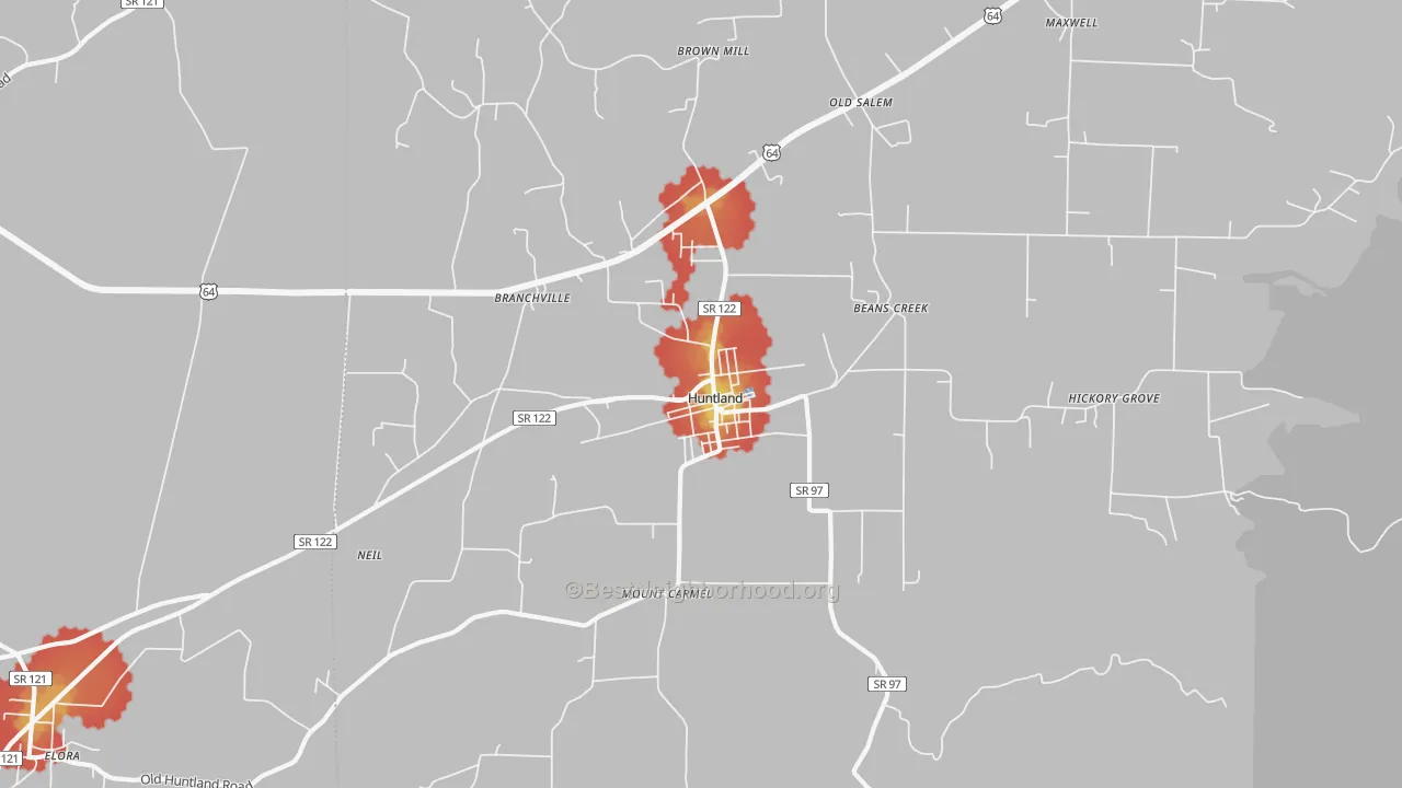 Walk Grade map of 37345, TN, walkable areas in green and car-dependent areas in red