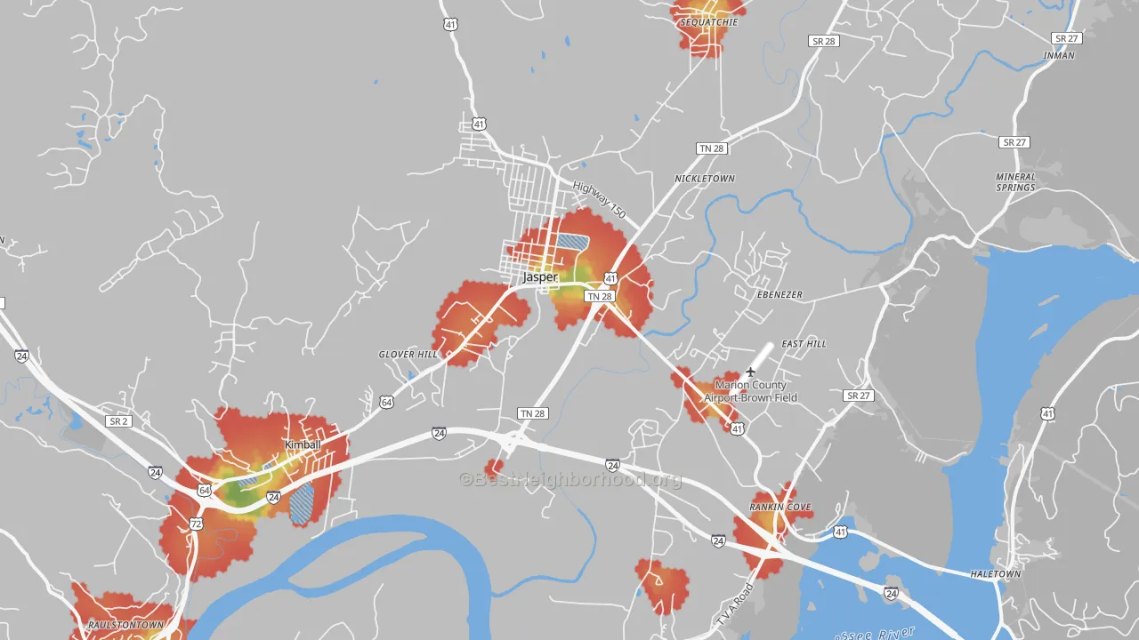 Walk Grade map of 37347, TN, walkable areas in green and car-dependent areas in red