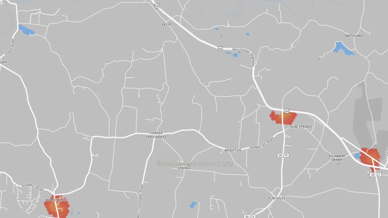 Walk Grade map of 37348, TN, walkable areas in green and car-dependent areas in red