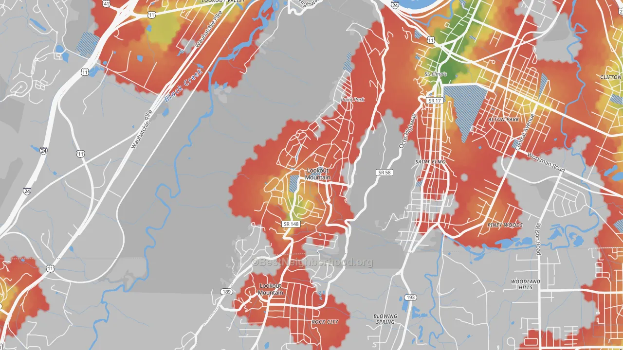 Walk Grade map of 37350, TN, walkable areas in green and car-dependent areas in red