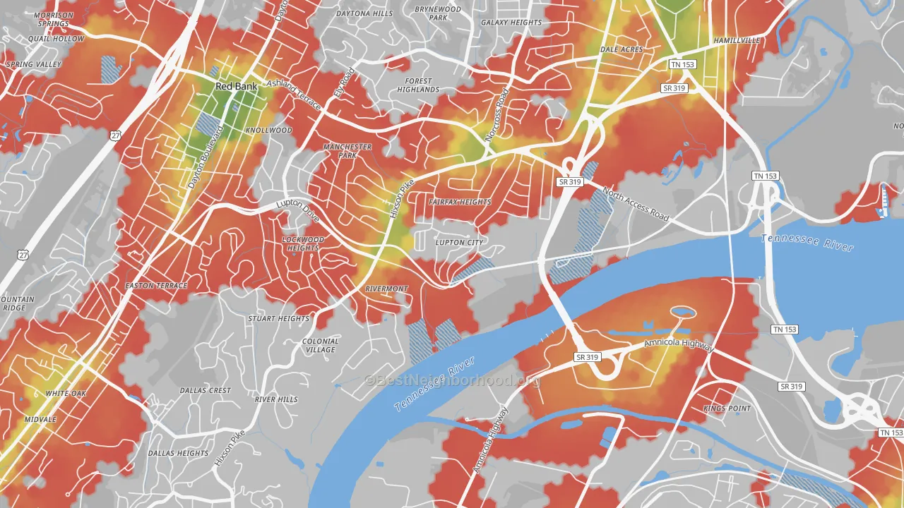 Walk Grade map of 37351, TN, walkable areas in green and car-dependent areas in red