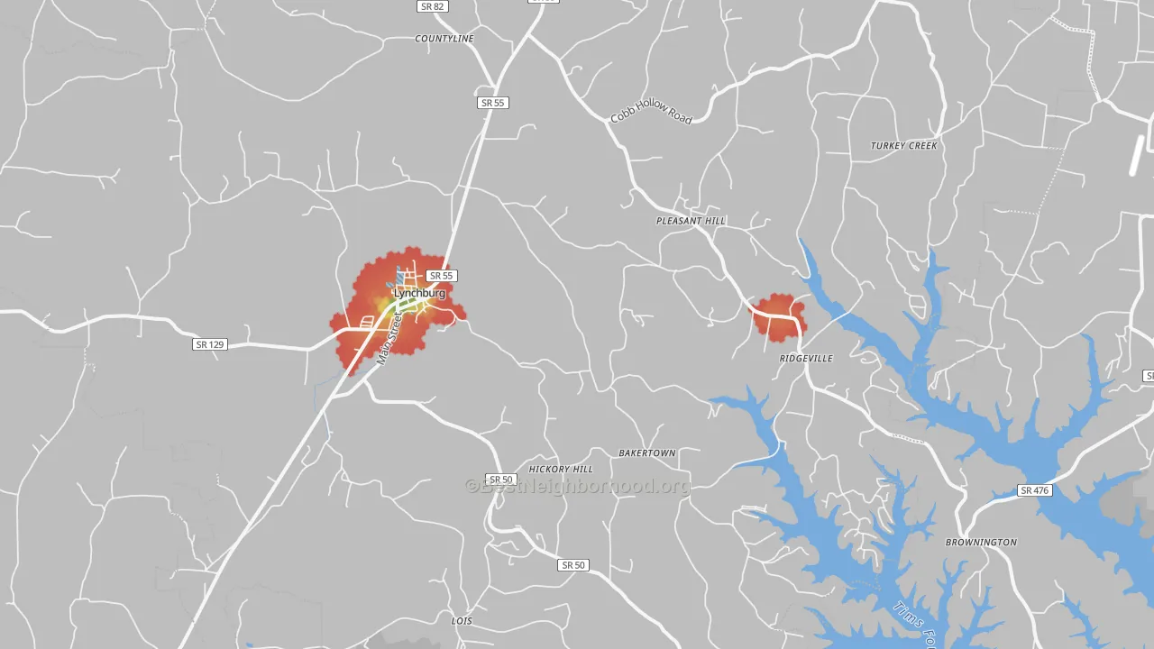 Walk Grade map of 37352, TN, walkable areas in green and car-dependent areas in red