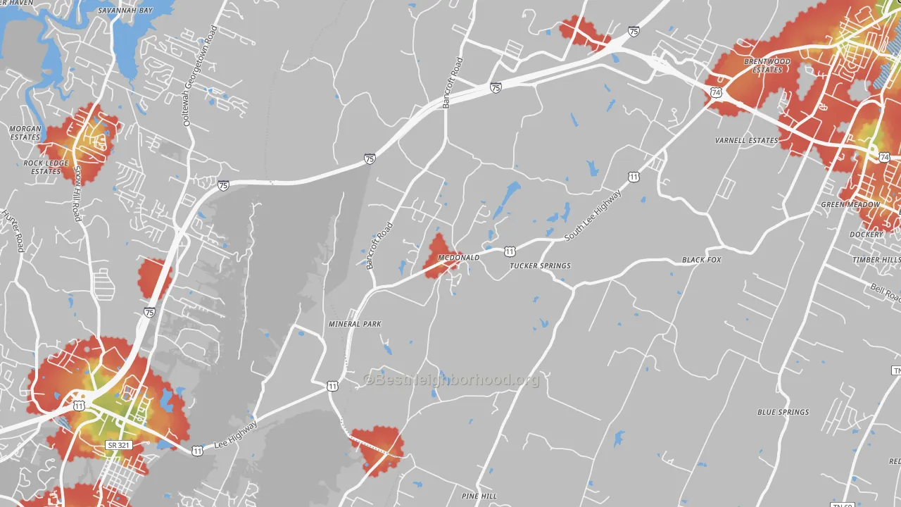 Walk Grade map of 37353, TN, walkable areas in green and car-dependent areas in red