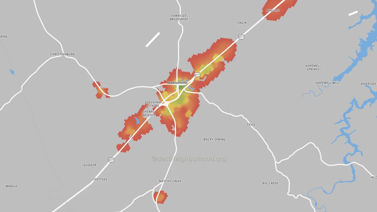 Walk Grade map of 37354, TN, walkable areas in green and car-dependent areas in red
