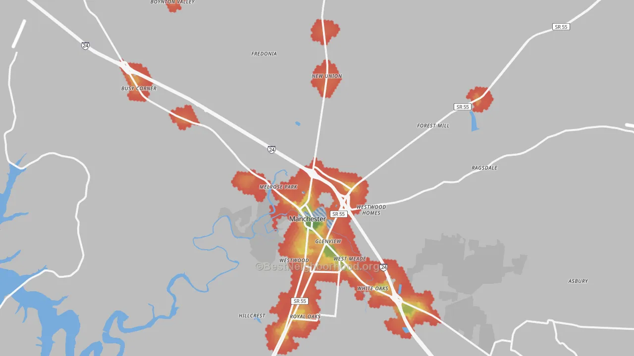 Walk Grade map of 37355, TN, walkable areas in green and car-dependent areas in red