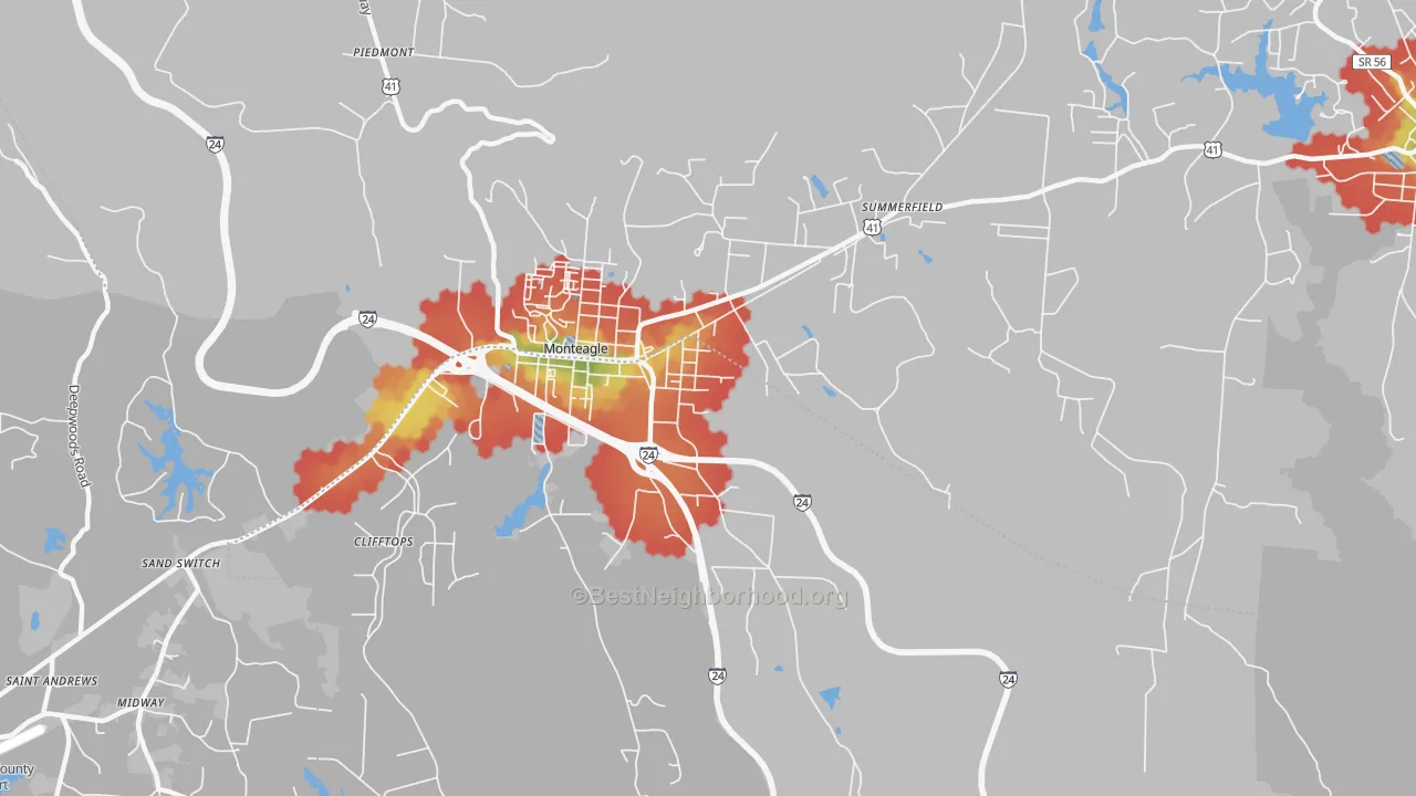 Walk Grade map of 37356, TN, walkable areas in green and car-dependent areas in red