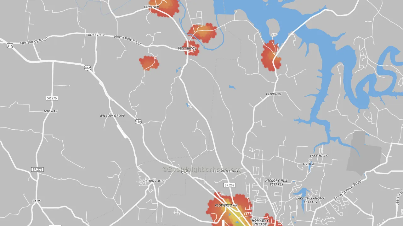 Walk Grade map of 37360, TN, walkable areas in green and car-dependent areas in red
