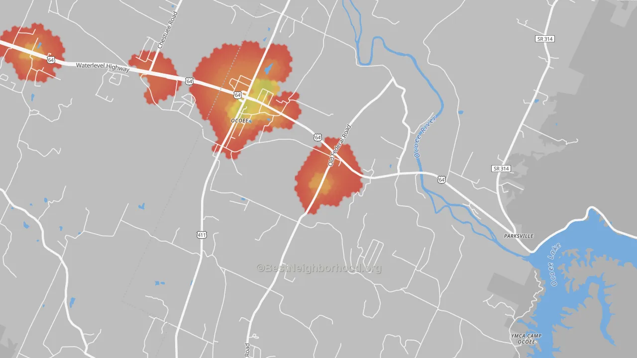 Walk Grade map of 37361, TN, walkable areas in green and car-dependent areas in red