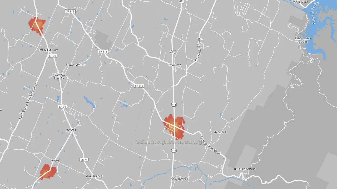 Walk Grade map of 37362, TN, walkable areas in green and car-dependent areas in red