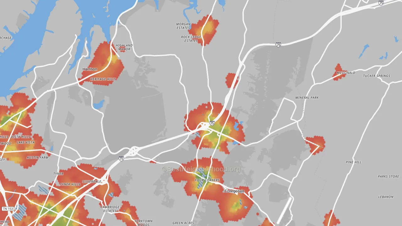 Walk Grade map of 37363, TN, walkable areas in green and car-dependent areas in red