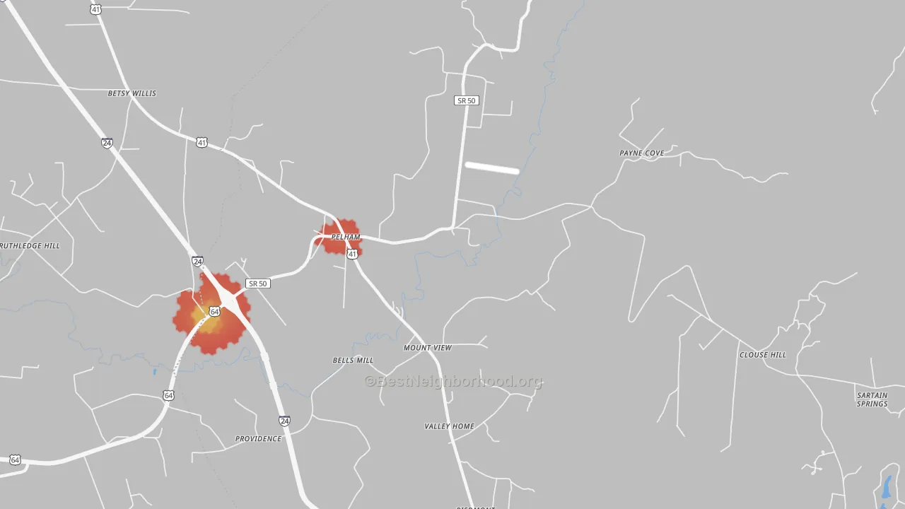 Walk Grade map of 37366, TN, walkable areas in green and car-dependent areas in red