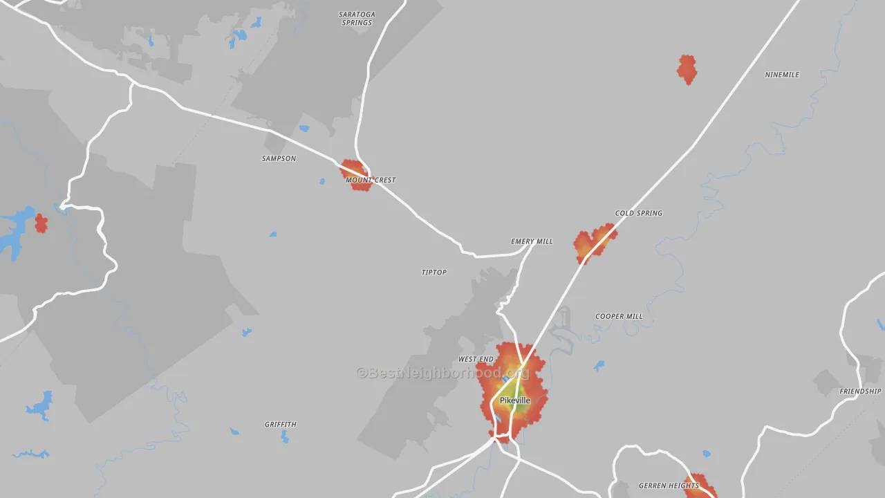 Walk Grade map of 37367, TN, walkable areas in green and car-dependent areas in red