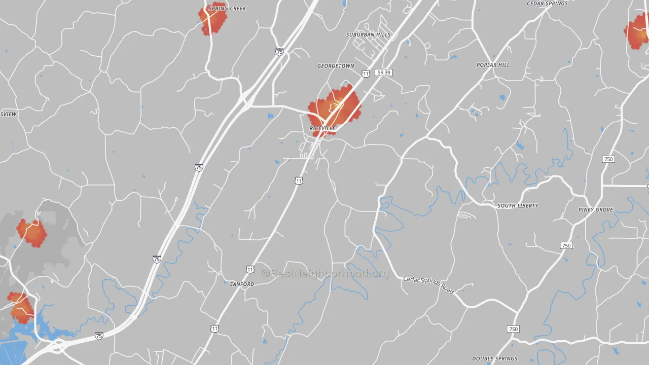 Walk Grade map of 37370, TN, walkable areas in green and car-dependent areas in red