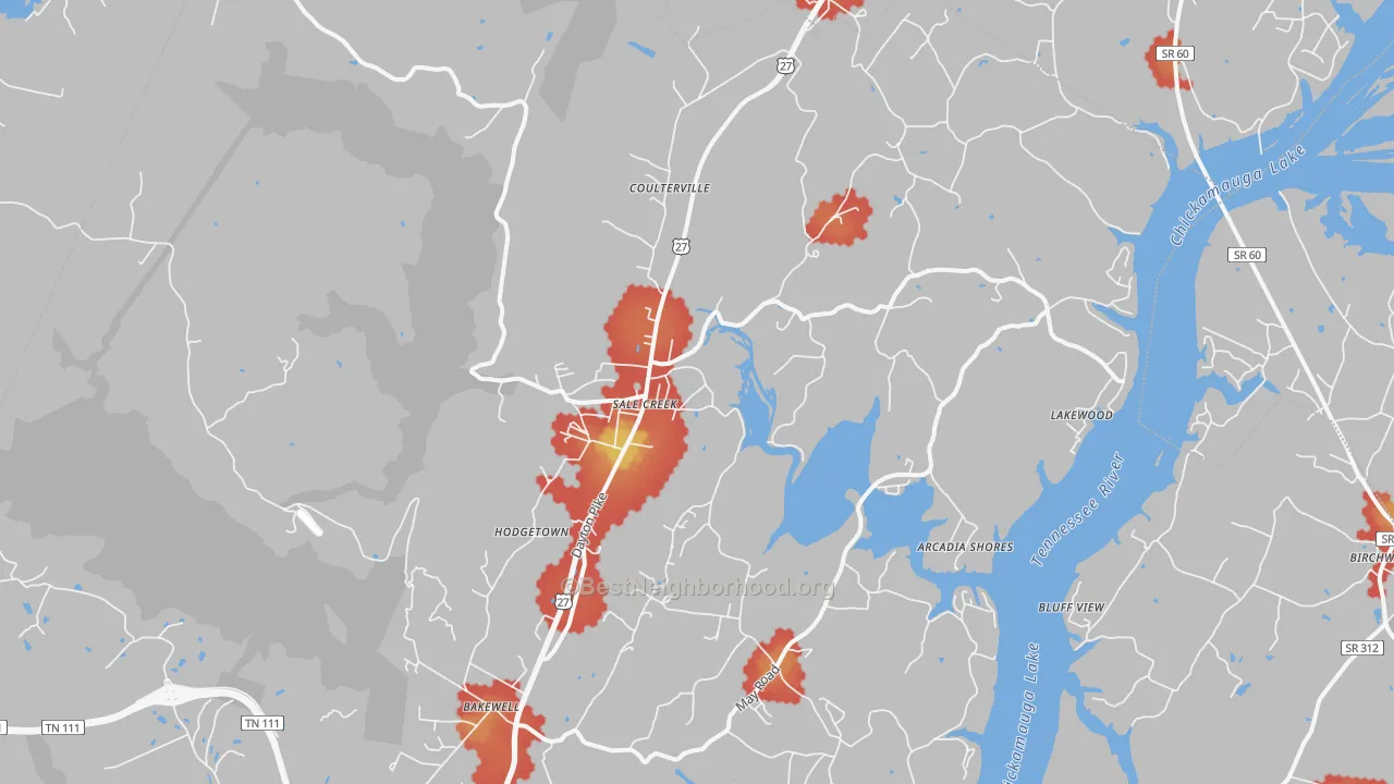 Walk Grade map of 37373, TN, walkable areas in green and car-dependent areas in red