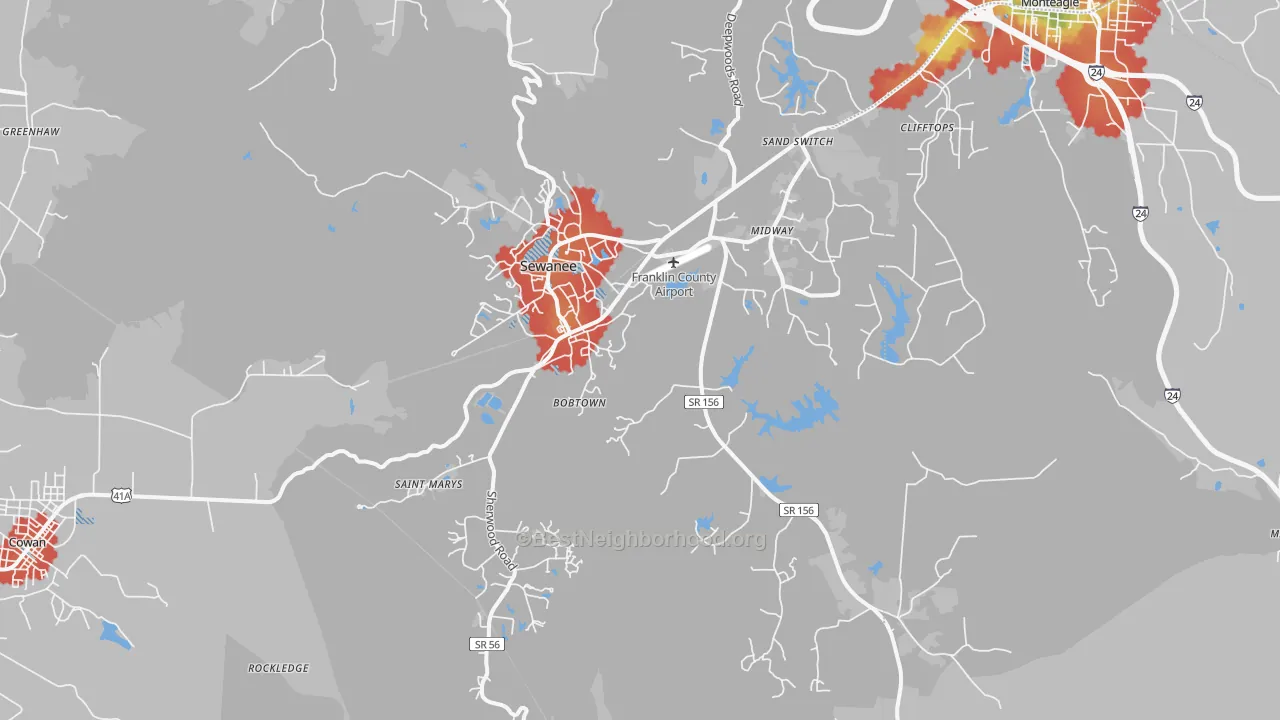 Walk Grade map of 37375, TN, walkable areas in green and car-dependent areas in red