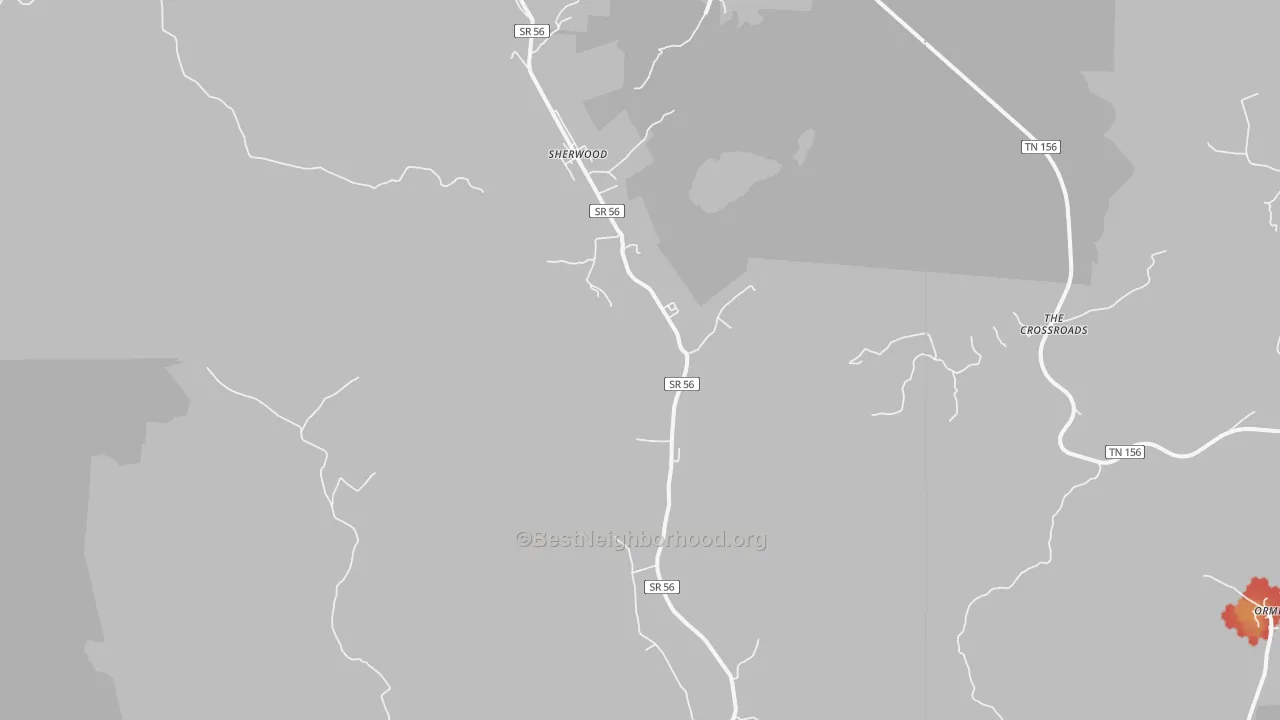 Walk Grade map of 37376, TN, walkable areas in green and car-dependent areas in red