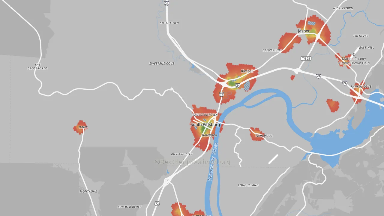 Walk Grade map of 37380, TN, walkable areas in green and car-dependent areas in red
