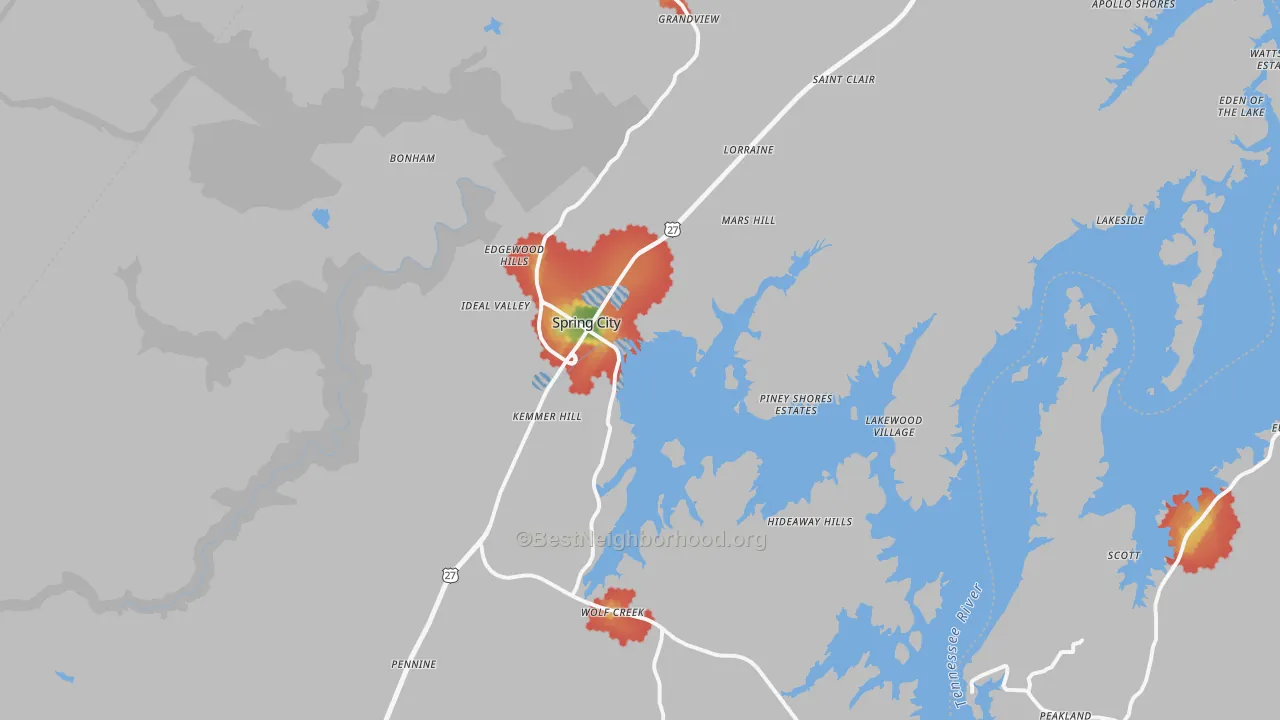 Walk Grade map of 37381, TN, walkable areas in green and car-dependent areas in red