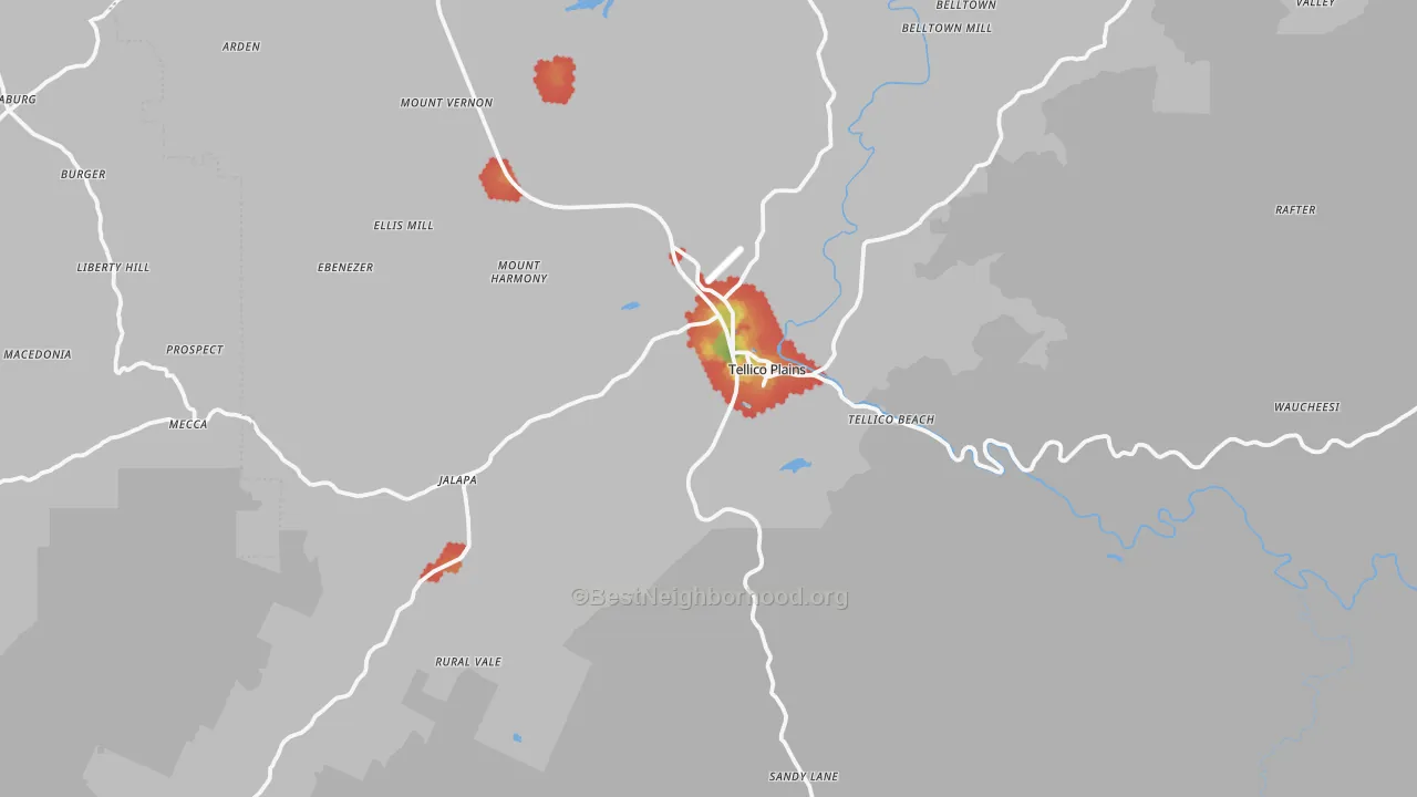 Walk Grade map of 37385, TN, walkable areas in green and car-dependent areas in red