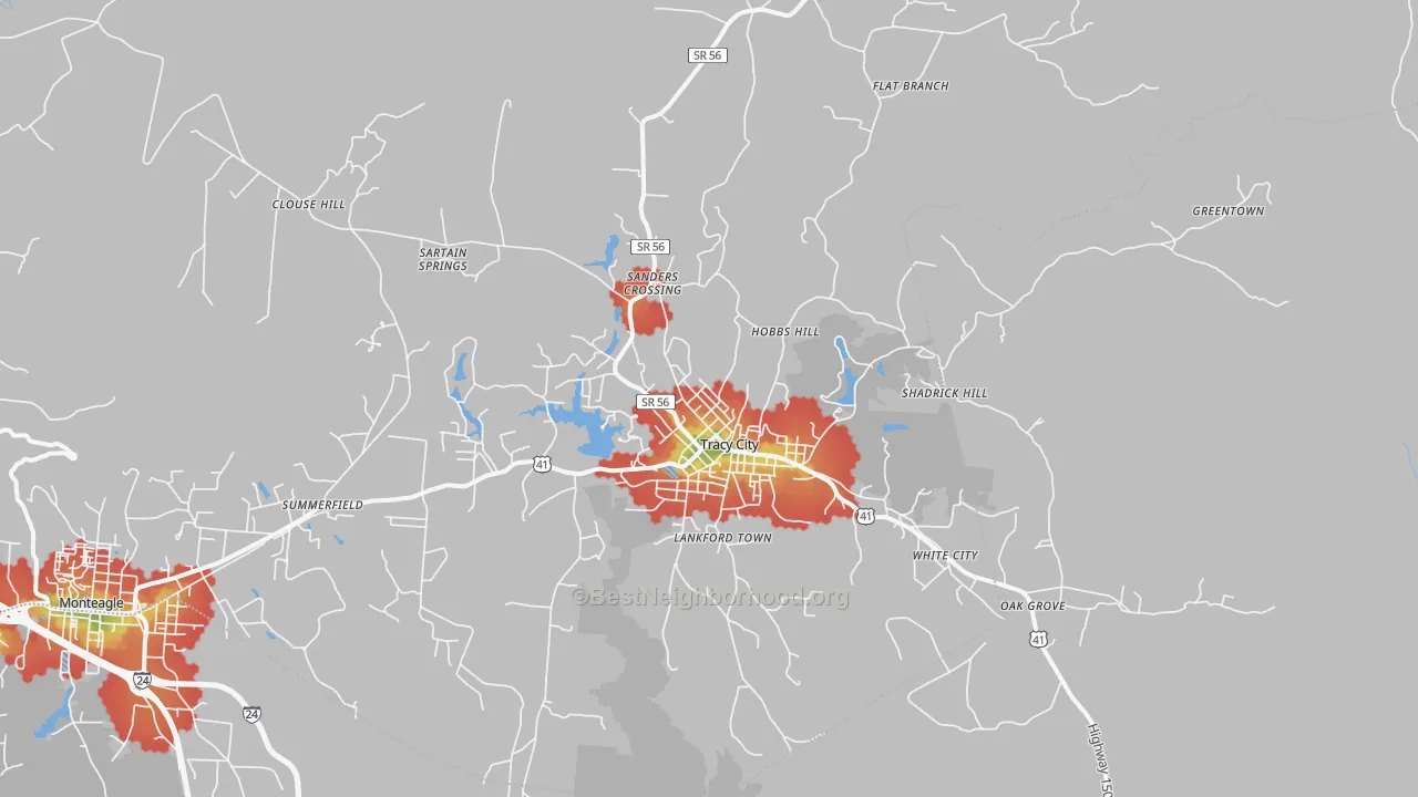 Walk Grade map of 37387, TN, walkable areas in green and car-dependent areas in red