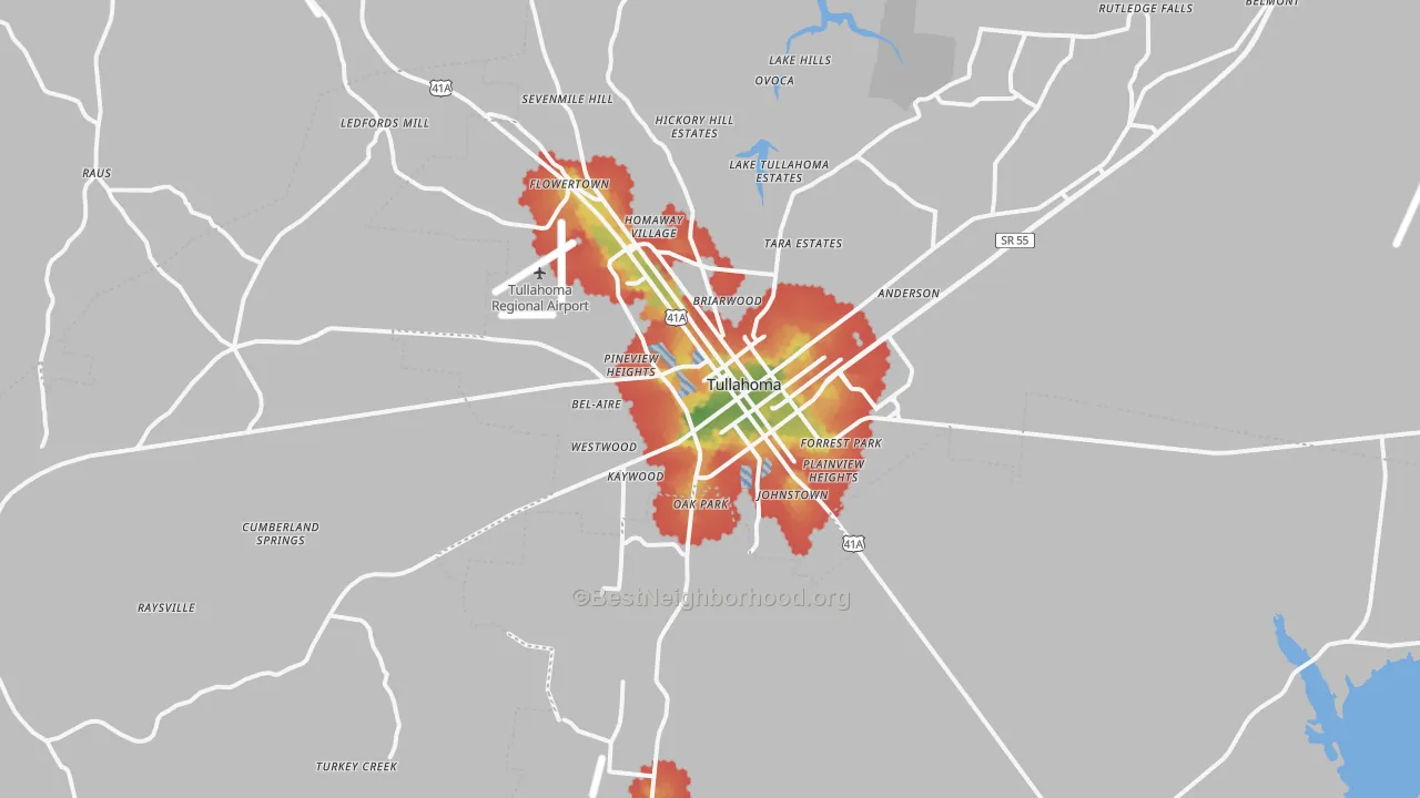 Walk Grade map of 37388, TN, walkable areas in green and car-dependent areas in red