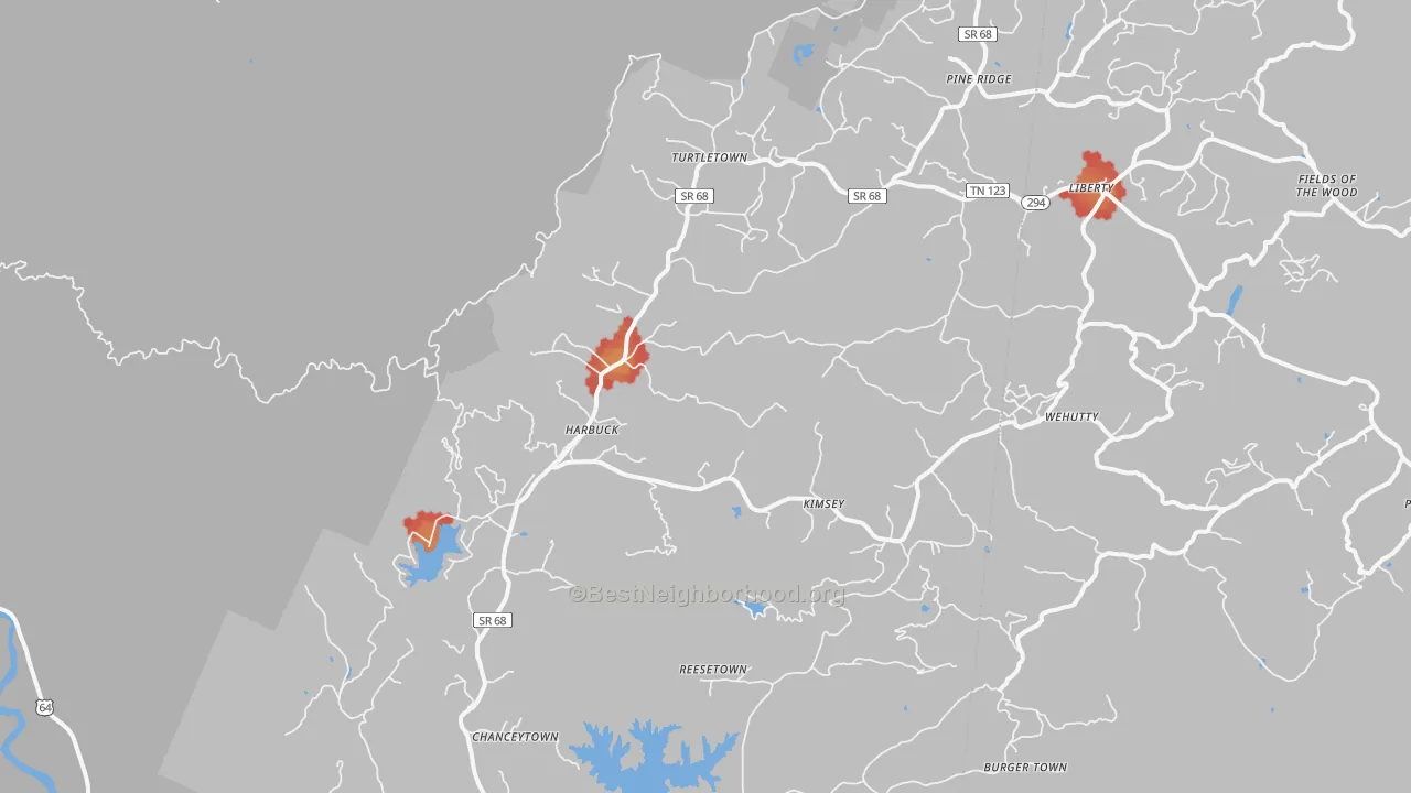 Walk Grade map of 37391, TN, walkable areas in green and car-dependent areas in red
