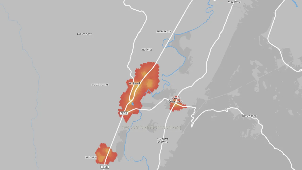 Walk Grade map of 37397, TN, walkable areas in green and car-dependent areas in red