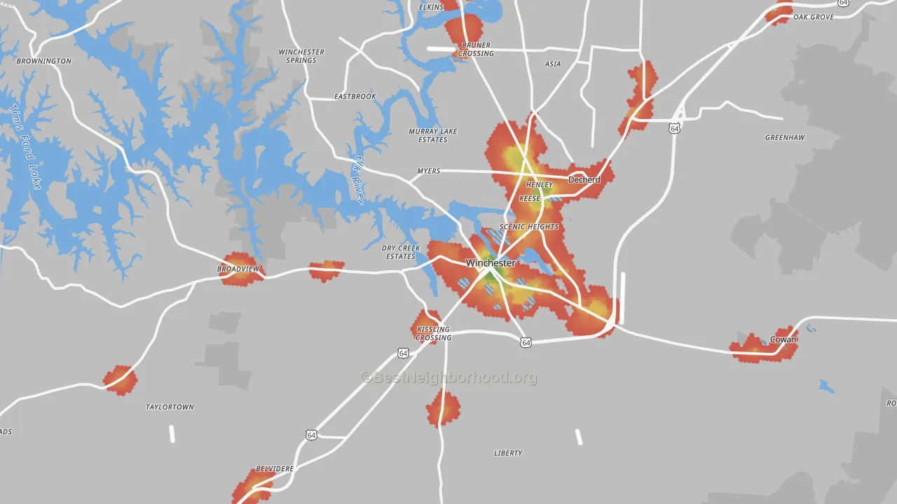 Walk Grade map of 37398, TN, walkable areas in green and car-dependent areas in red