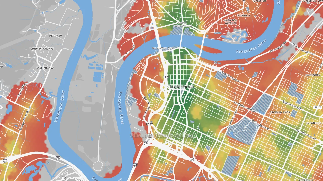 Walk Grade map of 37402, TN, walkable areas in green and car-dependent areas in red