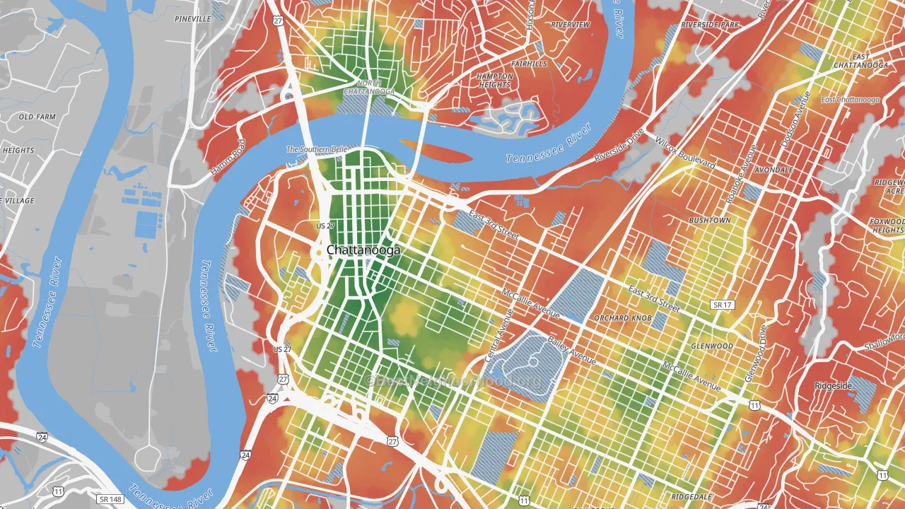 Walk Grade map of 37403, TN, walkable areas in green and car-dependent areas in red