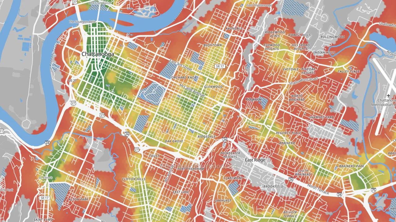 Walk Grade map of 37404, TN, walkable areas in green and car-dependent areas in red
