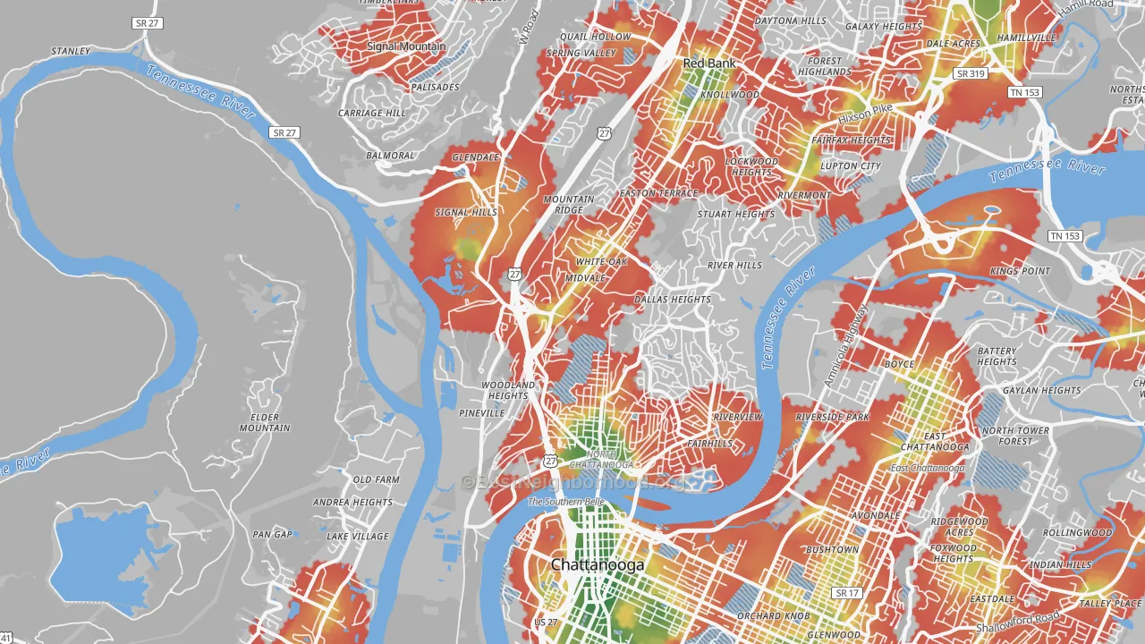 Walk Grade map of 37405, TN, walkable areas in green and car-dependent areas in red