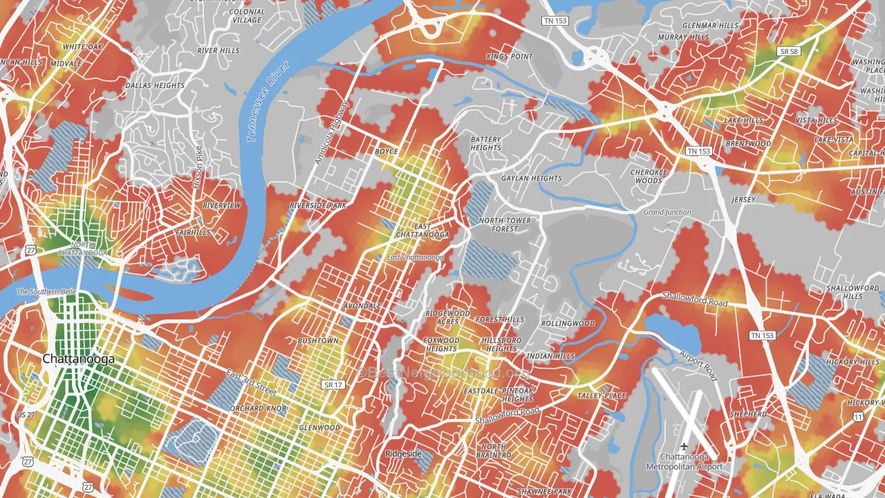 Walk Grade map of 37406, TN, walkable areas in green and car-dependent areas in red