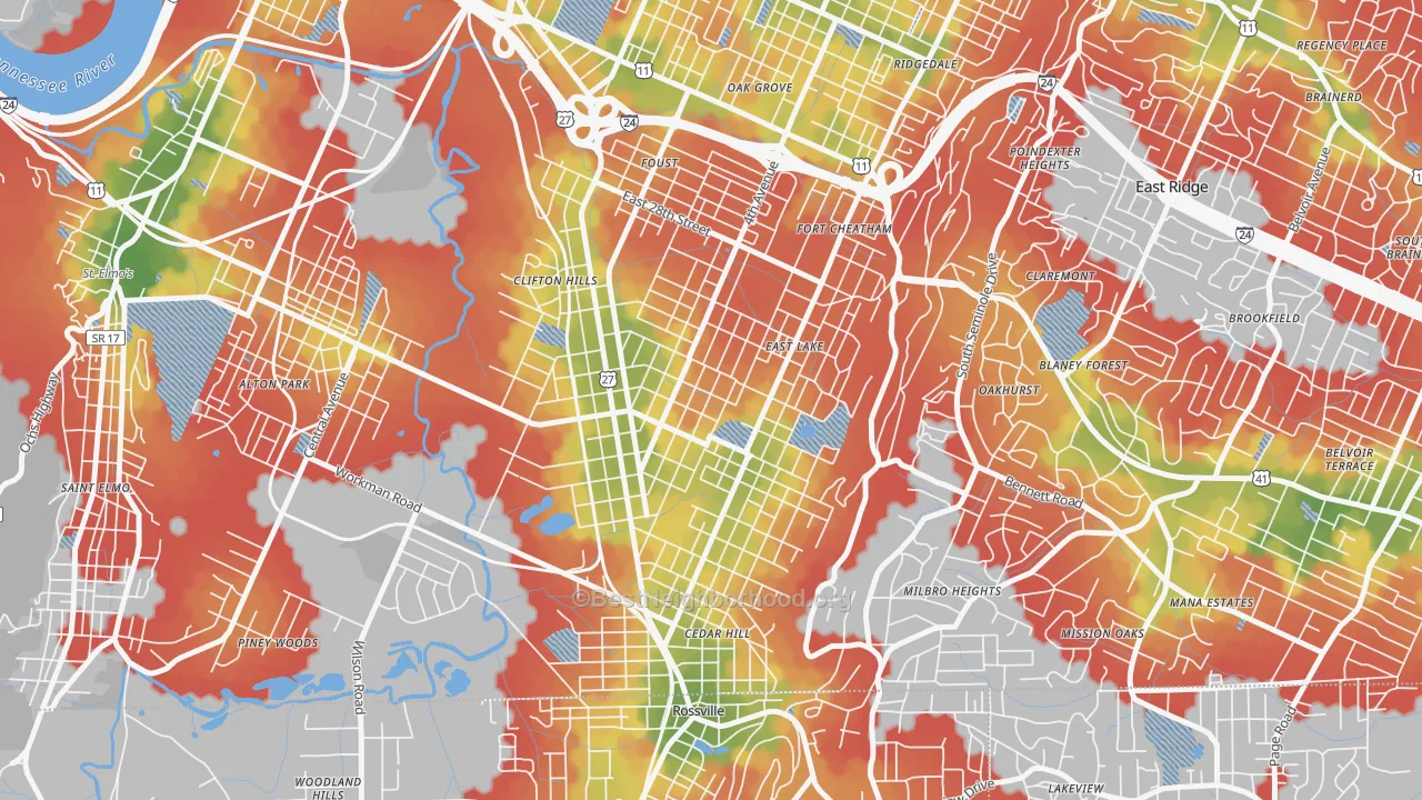 Walk Grade map of 37407, TN, walkable areas in green and car-dependent areas in red