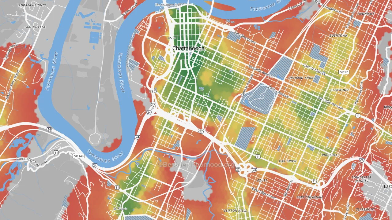 Walk Grade map of 37408, TN, walkable areas in green and car-dependent areas in red