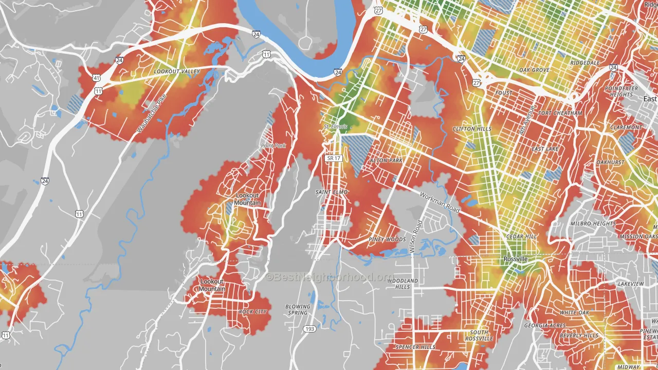 Walk Grade map of 37409, TN, walkable areas in green and car-dependent areas in red