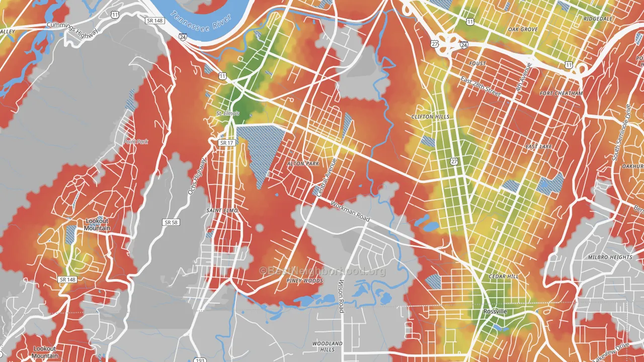 Walk Grade map of 37410, TN, walkable areas in green and car-dependent areas in red
