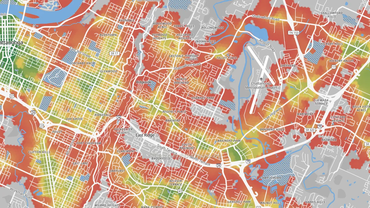 Walk Grade map of 37411, TN, walkable areas in green and car-dependent areas in red