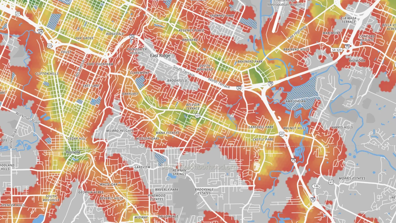Walk Grade map of 37412, TN, walkable areas in green and car-dependent areas in red
