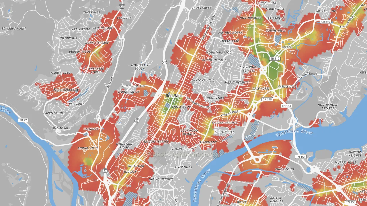Walk Grade map of 37415, TN, walkable areas in green and car-dependent areas in red