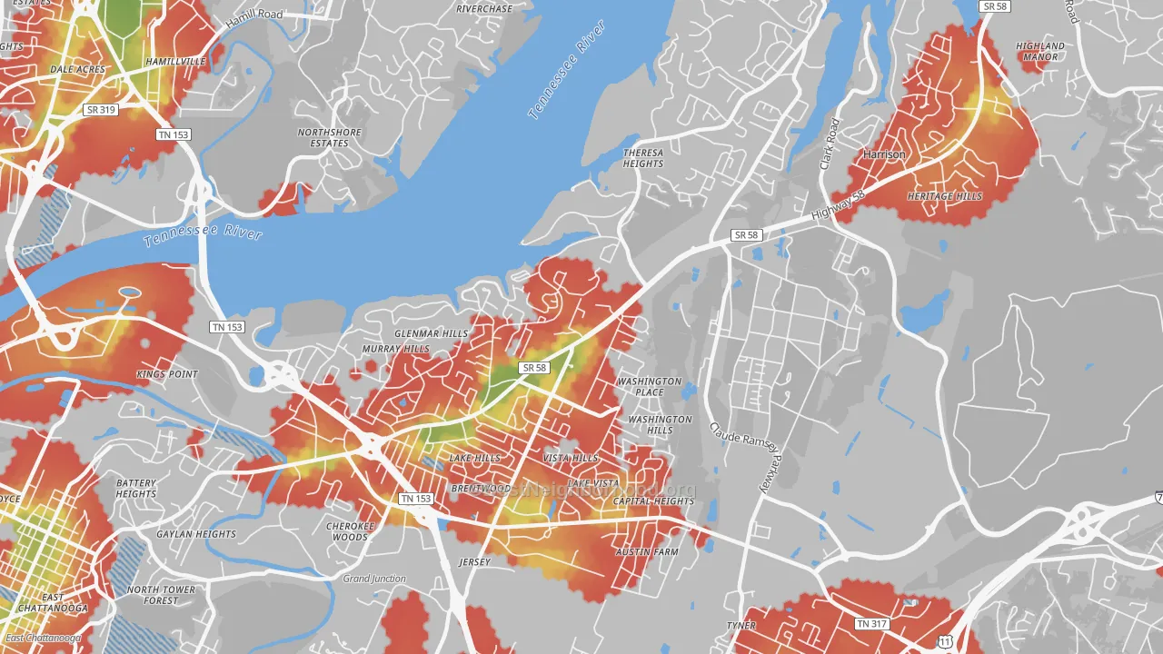 Walk Grade map of 37416, TN, walkable areas in green and car-dependent areas in red