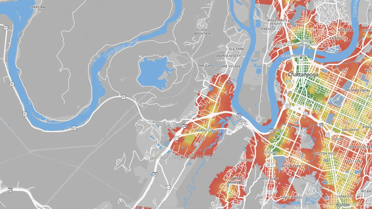 Walk Grade map of 37419, TN, walkable areas in green and car-dependent areas in red