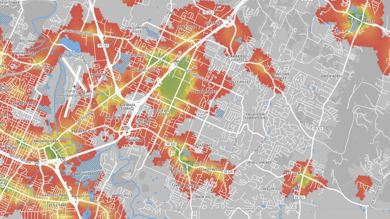 Walk Grade map of 37421, TN, walkable areas in green and car-dependent areas in red